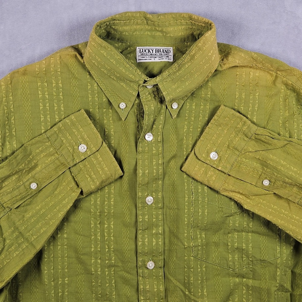 Vintage Lucky Brand  Shirt Mens Lare Green Textured Stripe Button Down 90s